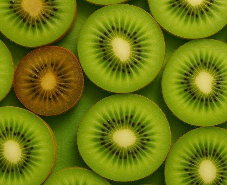 Банер для блогу до статті про меланому: симптоми, діагностика та профілактика - зображено багато зелених ківі, а серед них один коричневий